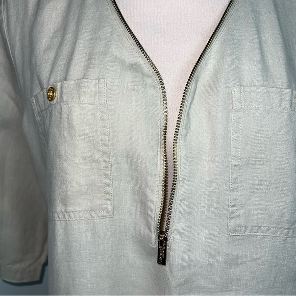 Company Ellen Tracy Linen Blouse Women’s Large Sand Zip Front Roll Sleeve Top - Picture 7 of 13
